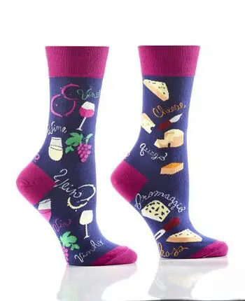 Yo Sox Women's crew socks wine & cheese design