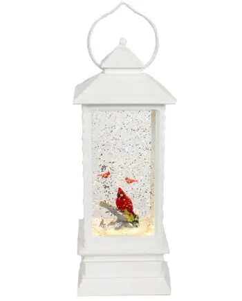 LED lighted white lantern snowglobe with 3 cardinals inside