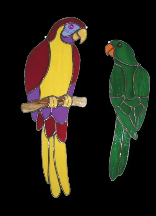 Parrots stained glass design by Arbutus Crafts