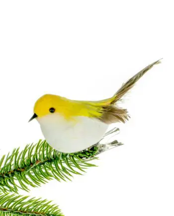 Yellow / White Feather Bird Clip Ornament with Brown Tail