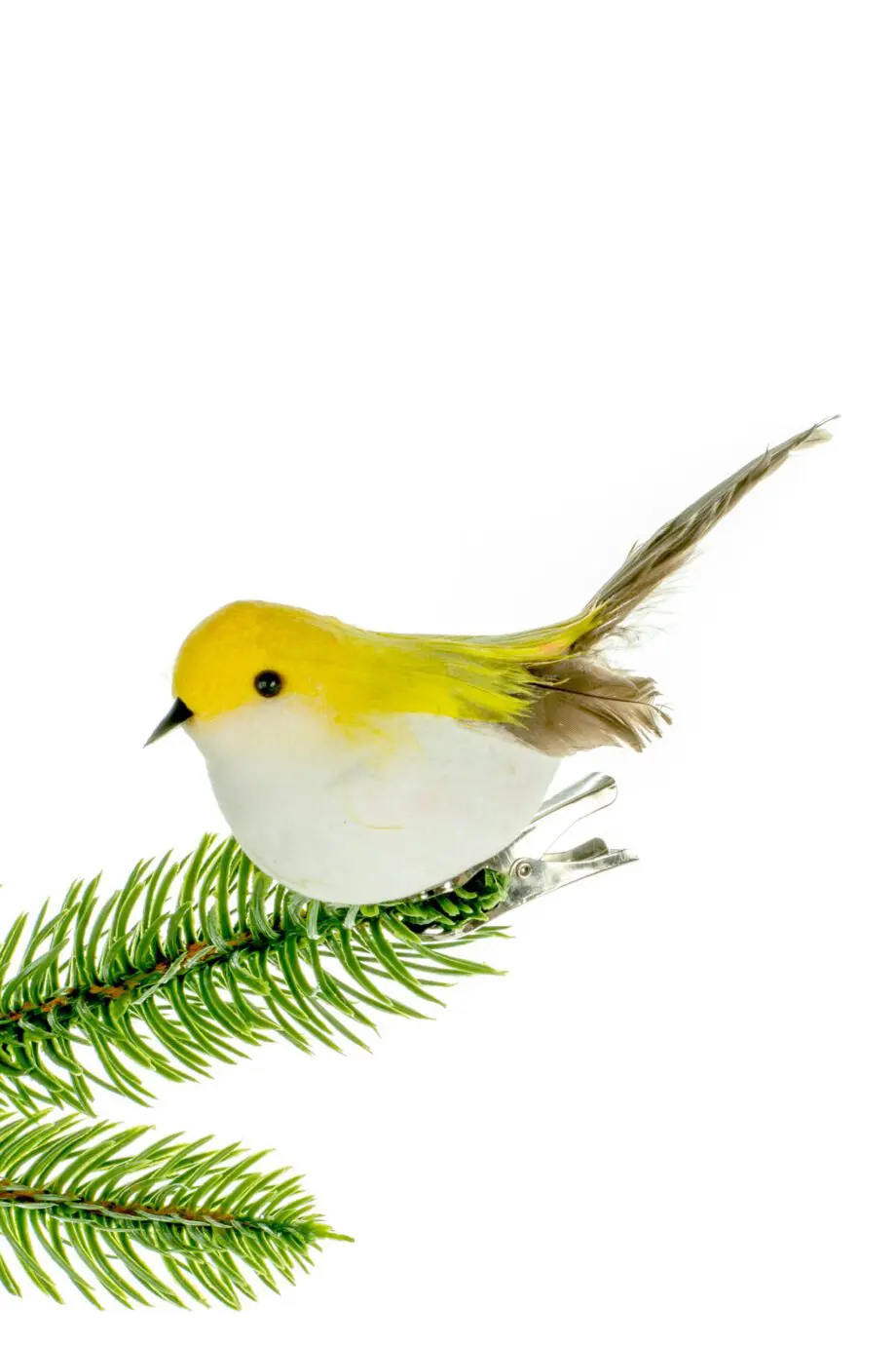 Yellow / White Feather Bird Clip Ornament with Brown Tail