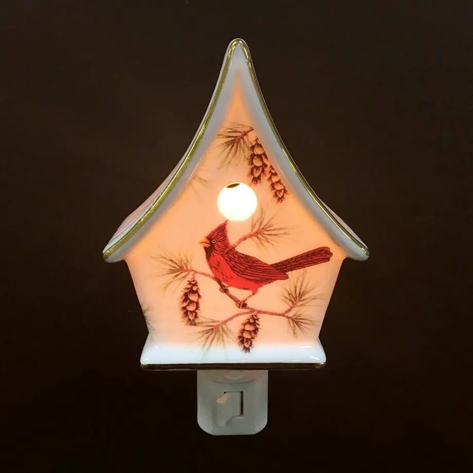 Porcelain Cardinal on Birdhouse Night Light