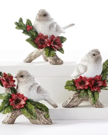 Birds on Branch with Poinsettias