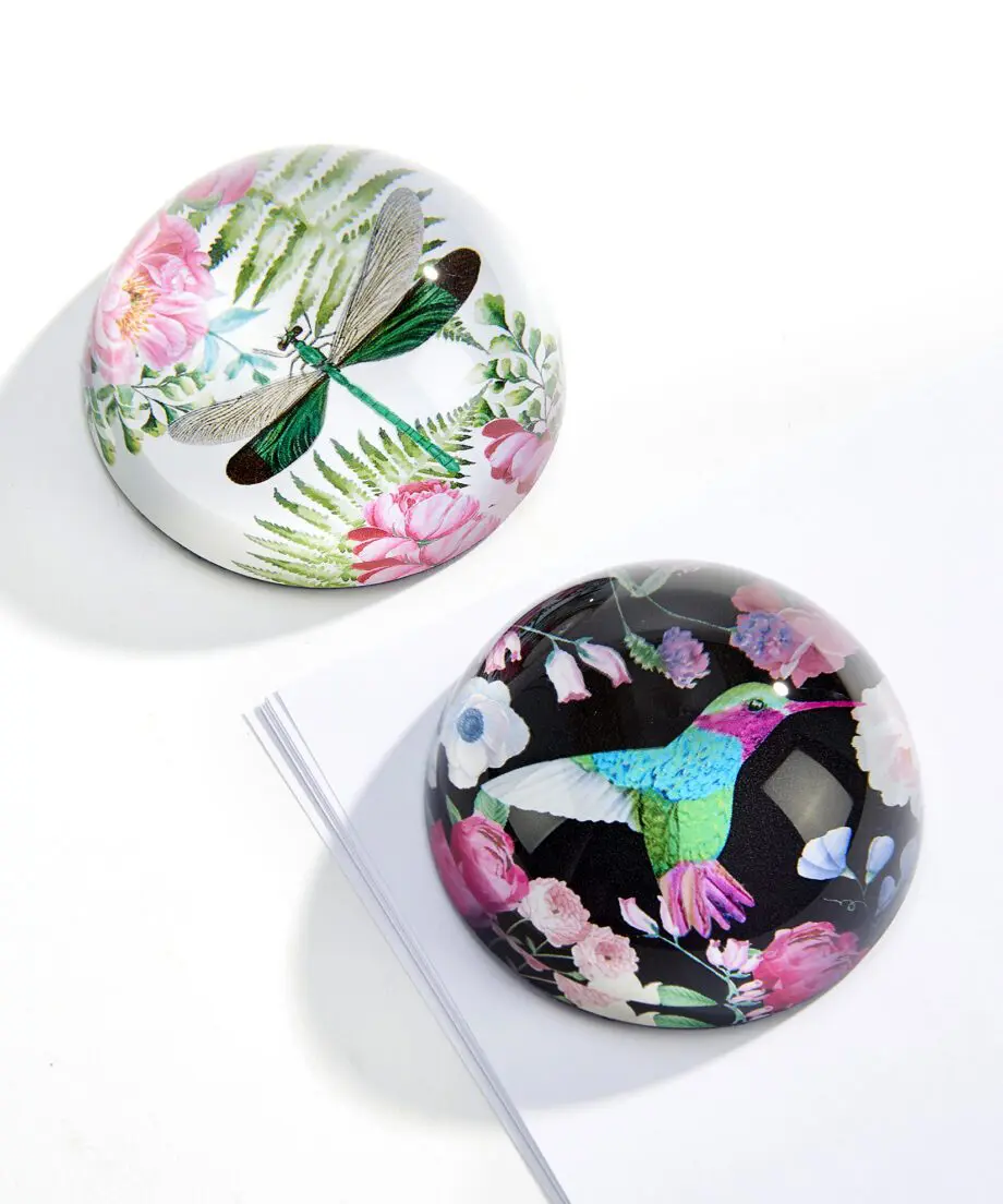 Glass Botanical Paperweight Dragonfly & hummingbird designs