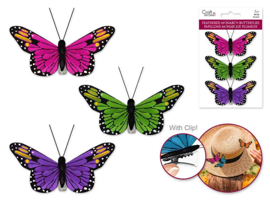 3.25" Feathered Monarch Butterflies with Gator Clip - Glam Set of 3