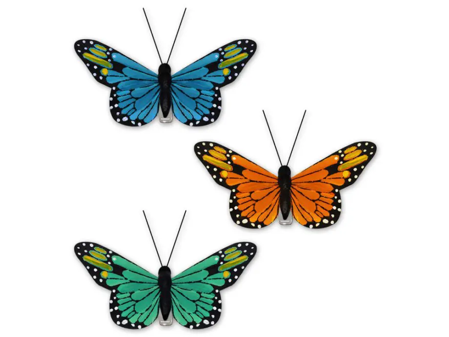 3.25" Feathered Monarch Butterflies with Gator Clip - Glam Set of 3