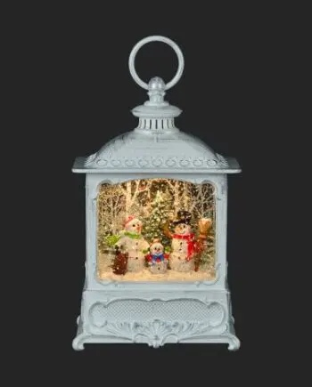 9" White Water Lantern with Snowman Family