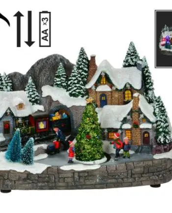 12" x 7.5" LED Village with Skaters & Moving Train