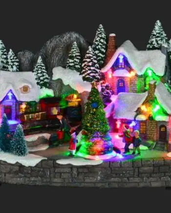 12" x 7.5" LED Village with Skaters & Moving Train