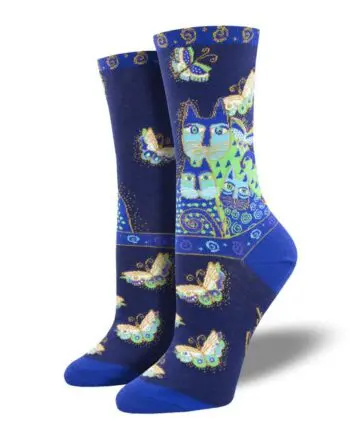 "Indigo Cats" Laura Birch Women's Novelty Crew Socks by Socksmith