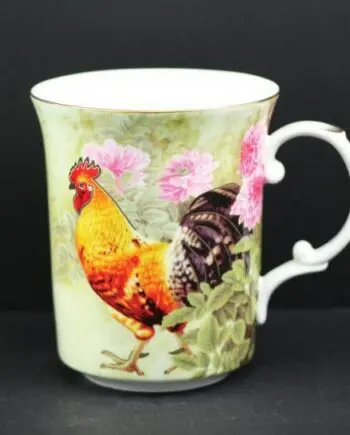 16 oz. Ceramic Mug with Rooster and Pink Flower design