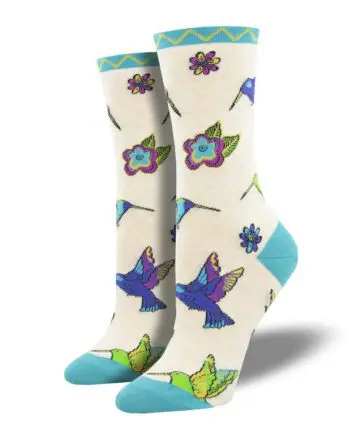 "Hummingbird Blossom" Women's Novelty Crew Ivory Socks by Artist Laurel Burch