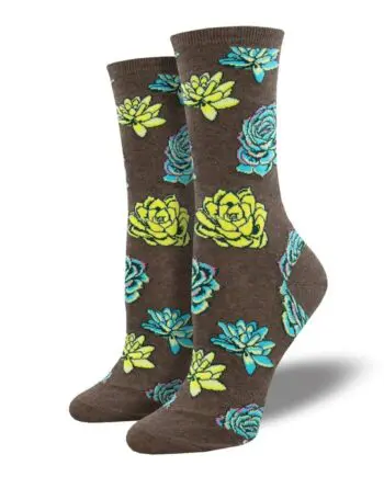 "Succulents" Women's Novelty Crew Brown Socks