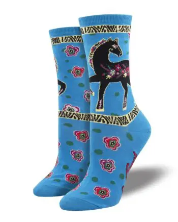 "Floral Horse" Women's Novelty Crew Blue Socks