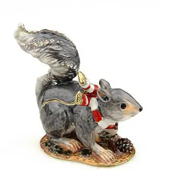 3.8" Christmas squirrel crystal studded jewelry trinket box