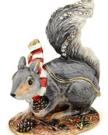 3.8" Christmas squirrel crystal studded jewelry trinket box