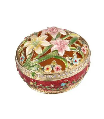 2.6" Round Box Lily Hollow Out Crystal Studded Jewelry Trinket Box