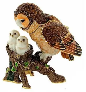 3.4" Owl Family Crystal Studded Jewelry Trinket Box