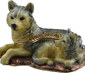 3.6" Wolf and Cub Crystal Studded Jewelry Trinket Box