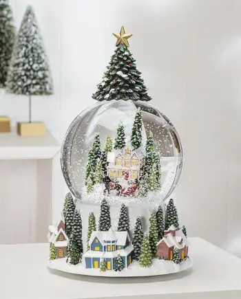 9" Large Village with Sleigh & Christmas Tree on Top Musical Snow Globe