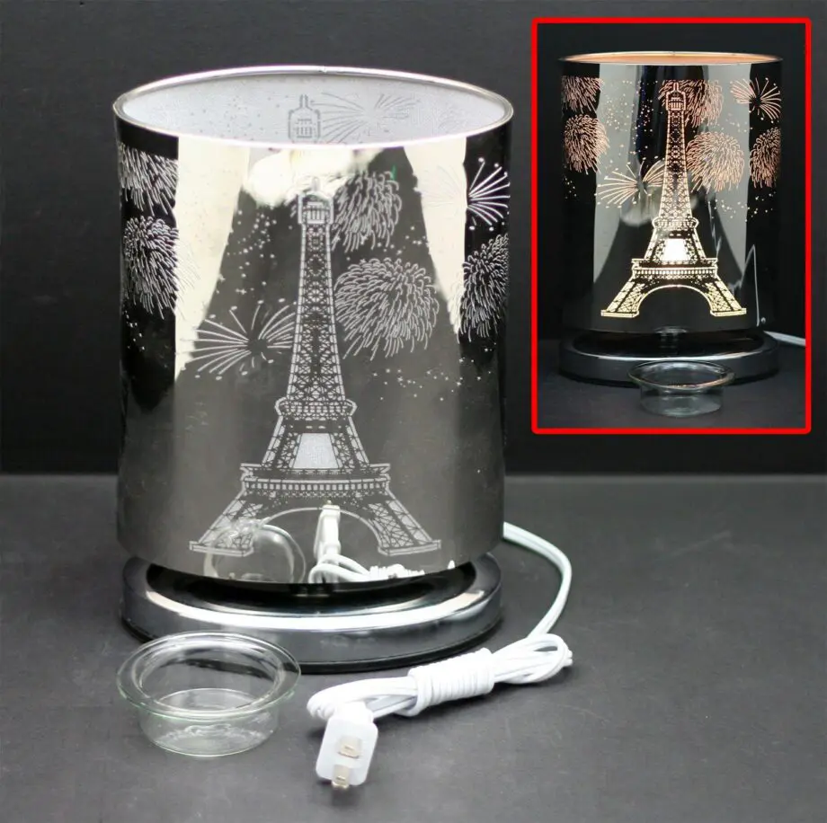 9" Silver Eiffel Tower Oval Shaped Touch Sensor Light with Scented Wax Glass Holder