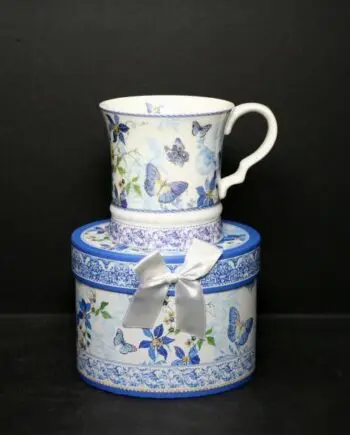 16 oz. Blue Butterfly Bone China Mug with Gift Box and Ribbon