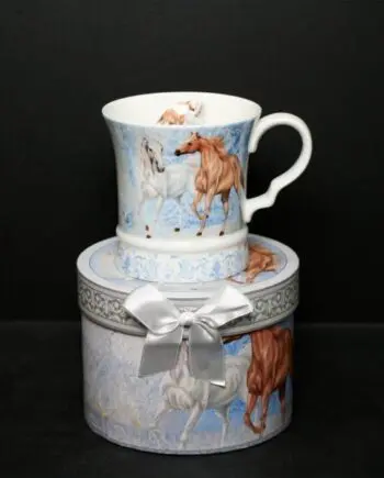 16 oz. Horses Prancing Bone China Mug with Gift Box and Ribbon