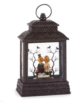 10.4" Pumpkin Pair Sitting on Park Bench LED Water Lantern with Projector