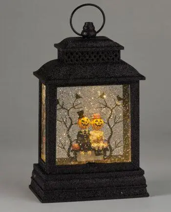 10.4" Pumpkin Pair Sitting on Park Bench LED Water Lantern with Projector