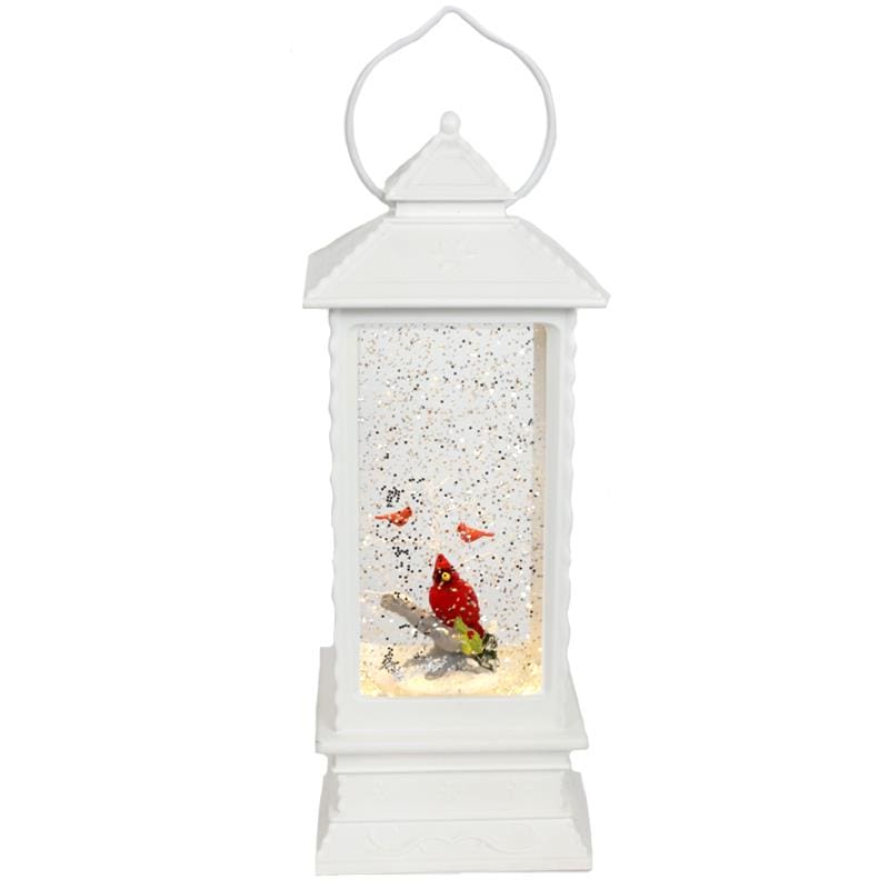 LED lighted white lantern snowglobe with 3 cardinals inside