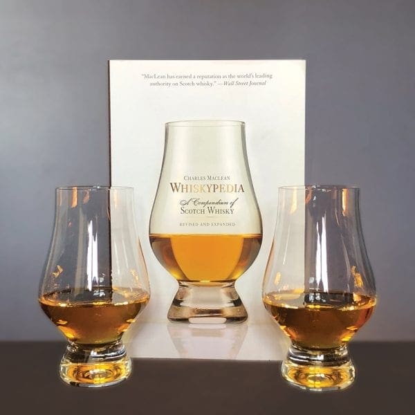 Whisky Lover Gift Set Whiskypedia book by Charles MacLean and 2 whisky glasses