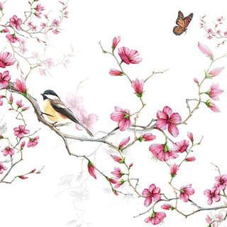 "Bird & Blossom" White Background Luxury Luncheon Napkin