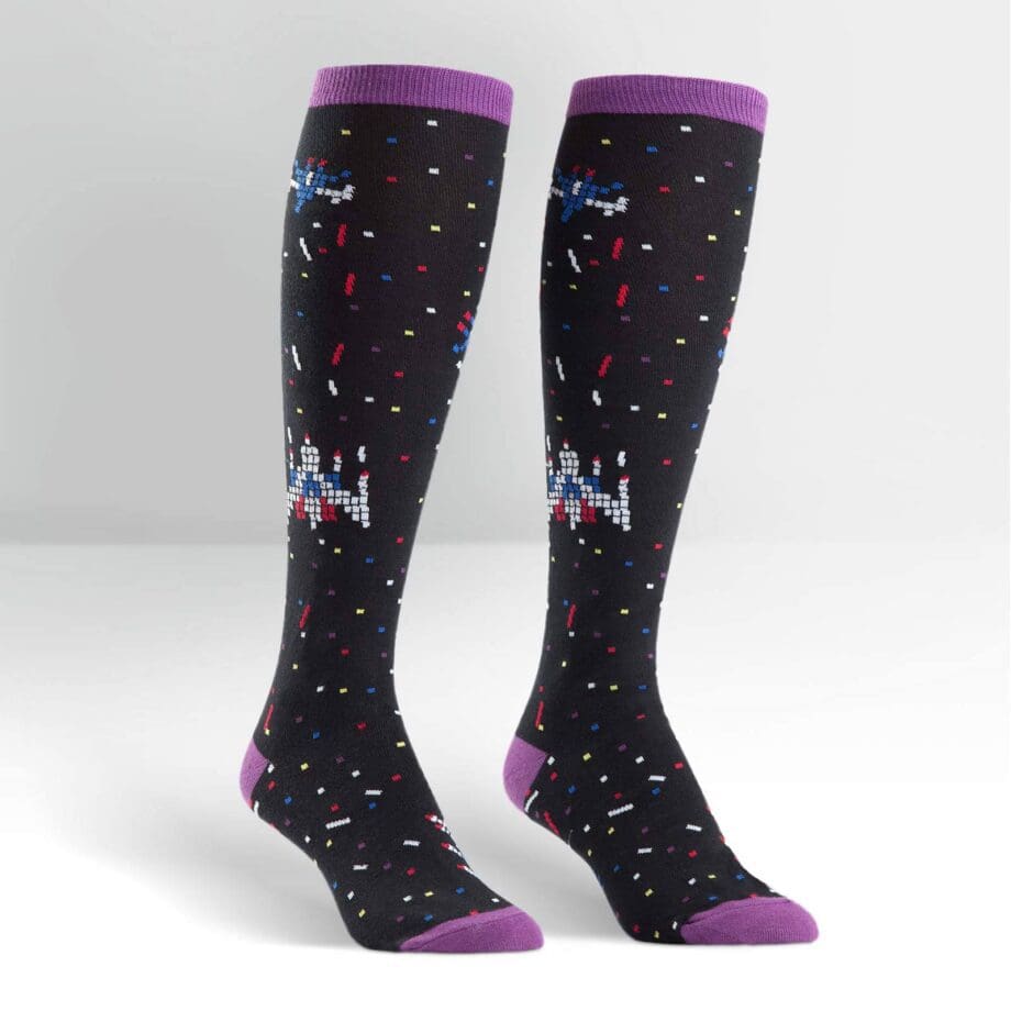 8 Bit Invader design women's noveltty knee high socks