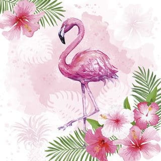 Watercolour Flamingo with Hibiscus Flowers Luxury Luncheon Napkins