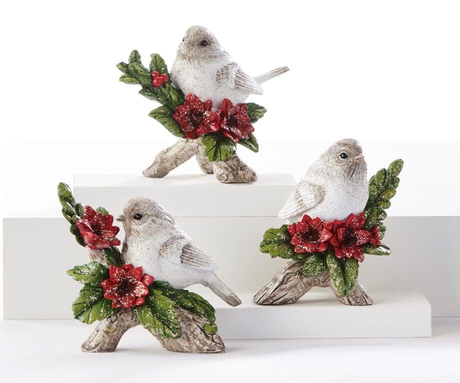 Birds on Branch with Poinsettias