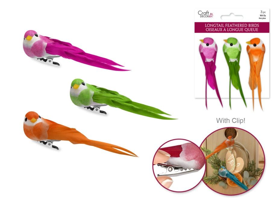 3.25" Mini Longtail Glam Birds with Gator Clip - Set of 3