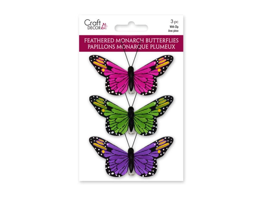 3.25" Feathered Monarch Butterflies with Gator Clip - Glam Set of 3