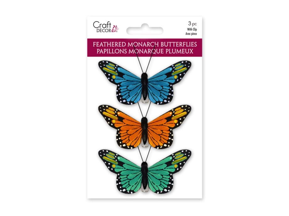 3.25" Feathered Monarch Butterflies with Gator Clip - Glam Set of 3