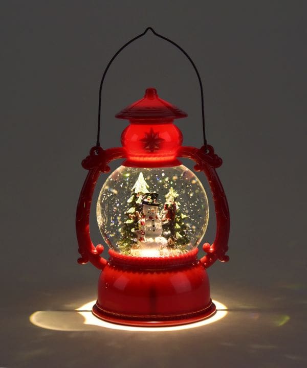 8" LED Red Water Lantern with Snowman