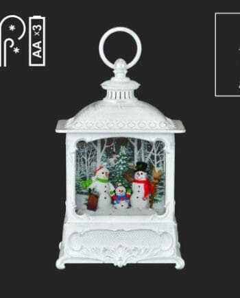 9" White Water Lantern with Snowman Family