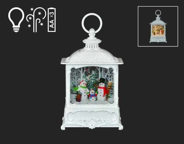 9" White Water Lantern with Snowman Family
