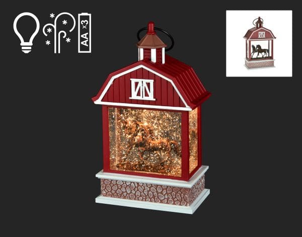 9" LED Water Lantern with Horses & Red Barn