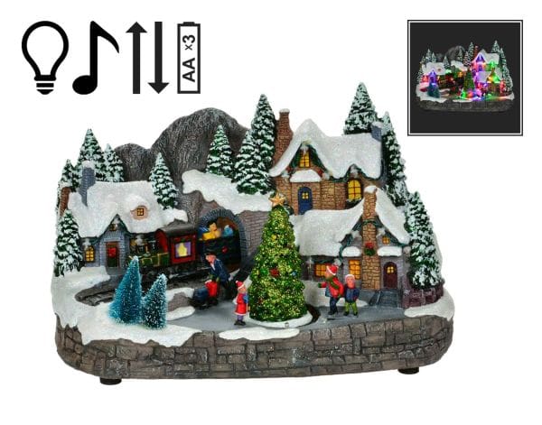 12" x 7.5" LED Village with Skaters & Moving Train