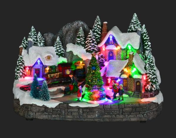 12" x 7.5" LED Village with Skaters & Moving Train