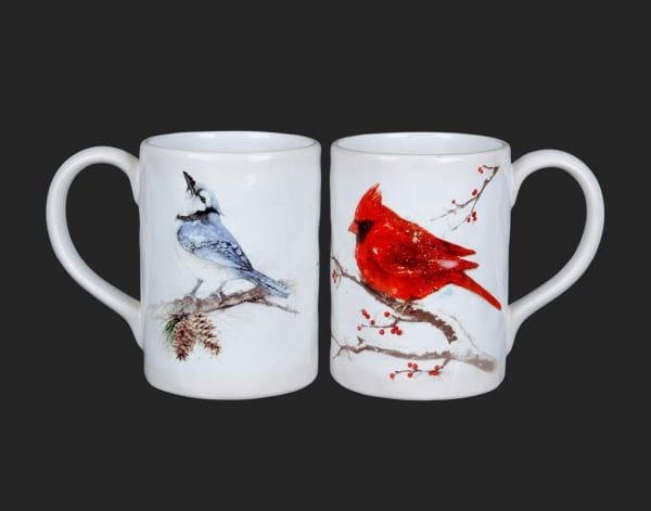 14 Ounces White Mugs with Blue Jay & Cardinal Designs