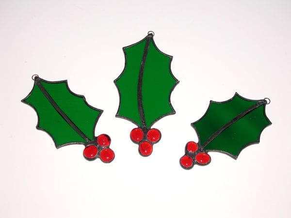 "Holly with Berries" Handmade Stained Glass Ornaments