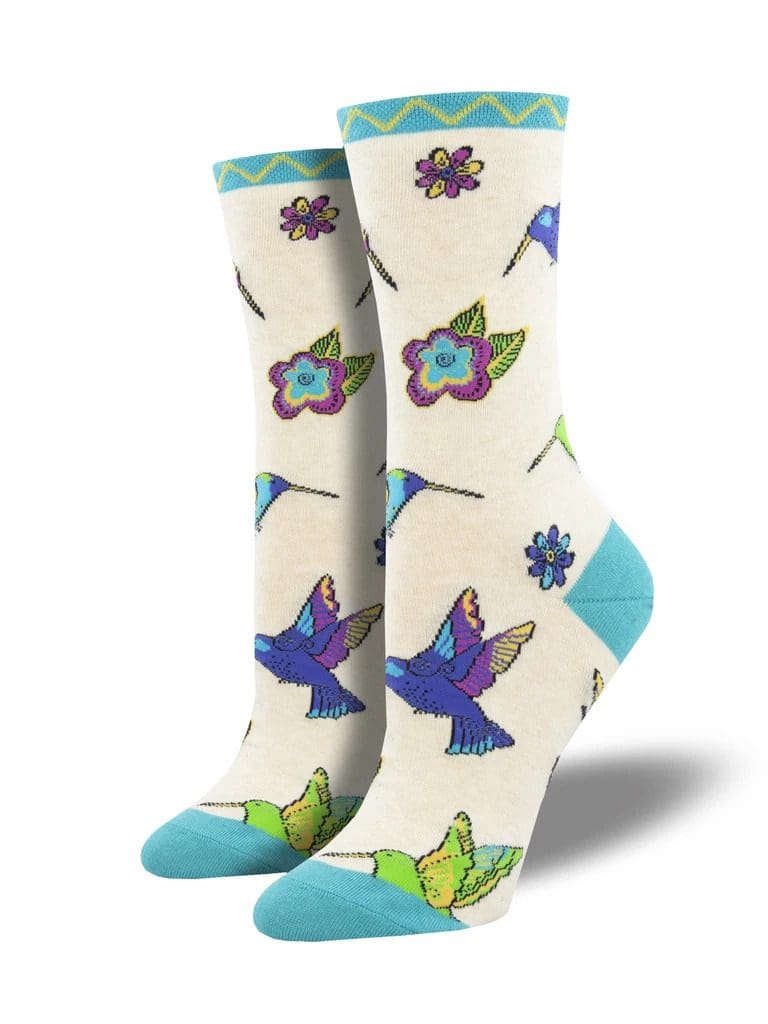 "Hummingbird Blossom" Women's Novelty Crew Ivory Socks by Artist Laurel Burch