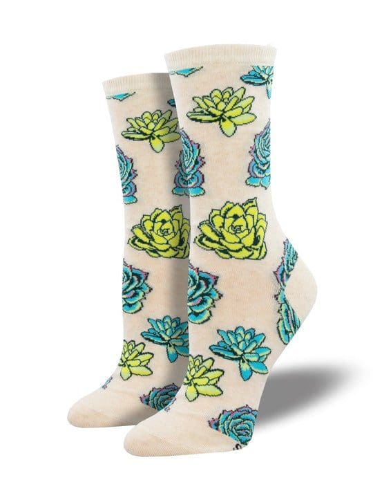 "Succulents" Women's Novelty Crew Ivory Socks