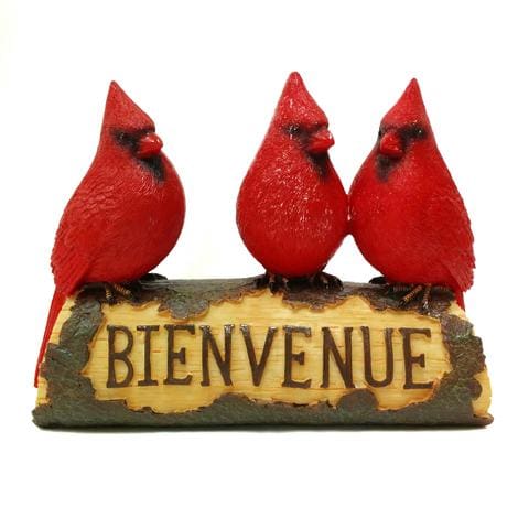 7" Beautiful Vibrant Red Cardinals Bienvenue Sign Statue for Home or Garden Decor