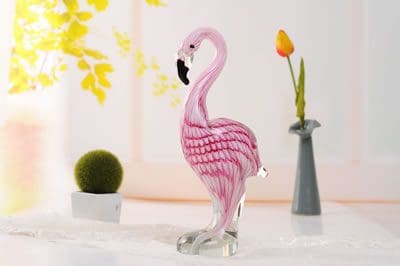 12.5" pink feathered flamingo blown glass figurine